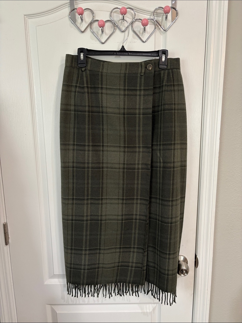 Ralph Lauren Olive Plaid Midi Skirt with Fringe Hem